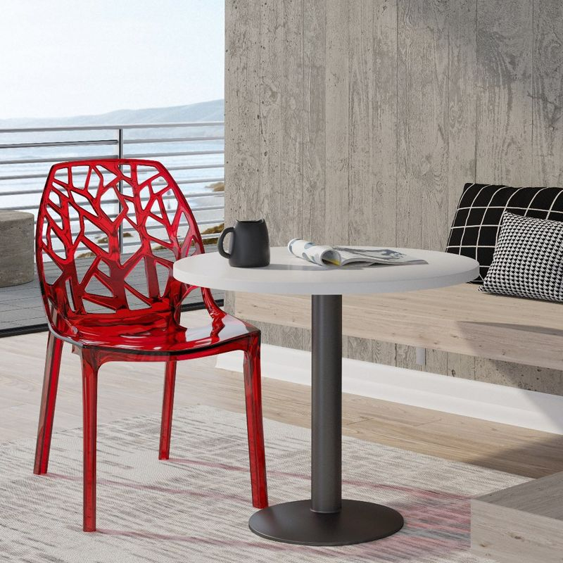 LeisureMod Cornelia Modern Plastic Dining Chair with Cut-Out Tree Design, Transparent Red