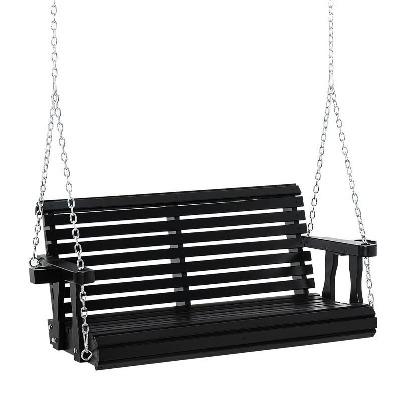 Outsunny 46" 2-Person Porch Swing Wooden Patio Swing Bench with Cup Holders, Slatted Design, & Chains Included, 440lb Weight Capacity, Black