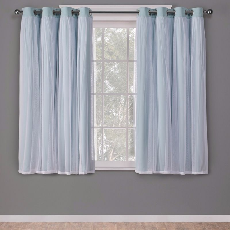 Set of 2 (84"x52") Caterina Layered Solid Blackout with Sheer Top Curtain Panels Aqua - Exclusive Home: Room Darkening, Thermal Insulated