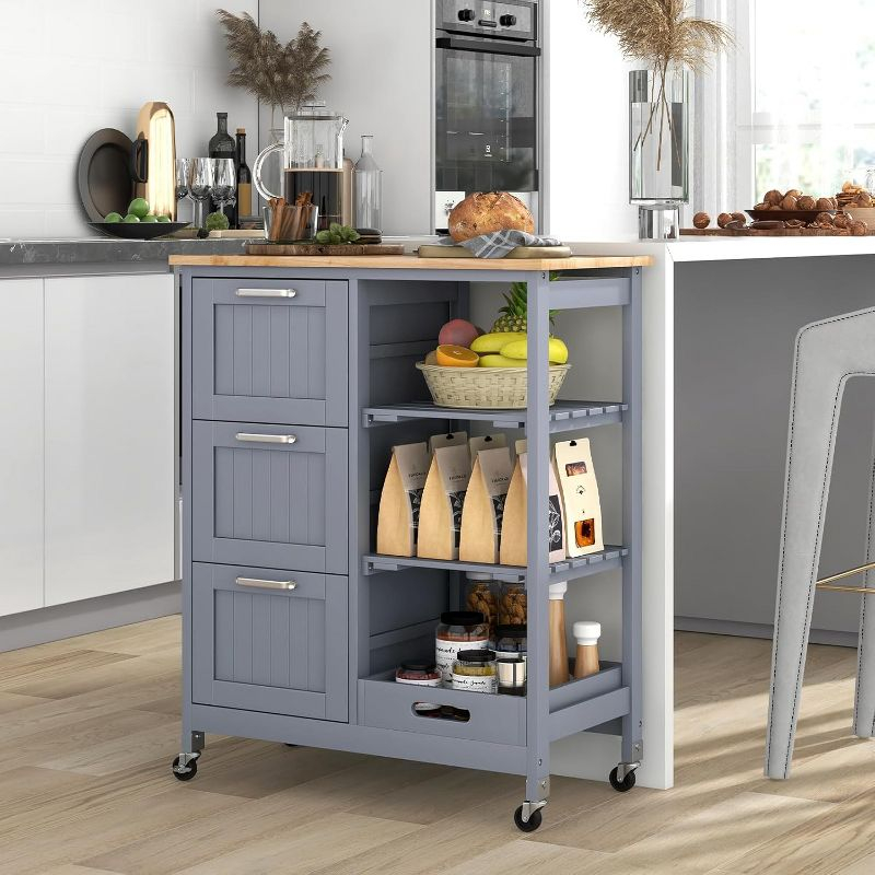 Tangkula Kitchen Island Cart on Wheels w/Rubber Wood Top 3 Storage Drawers & 2 Removable Shelves & Removable Tray Lockable Casters Grey