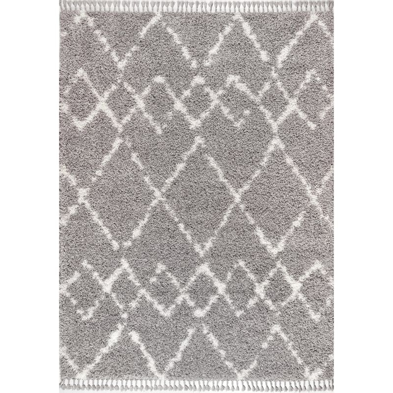 3'x5' Mercer Shag Plush Tassel Moroccan Geometric Trellis Area Rug, Grey/Cream - JONATHAN Y