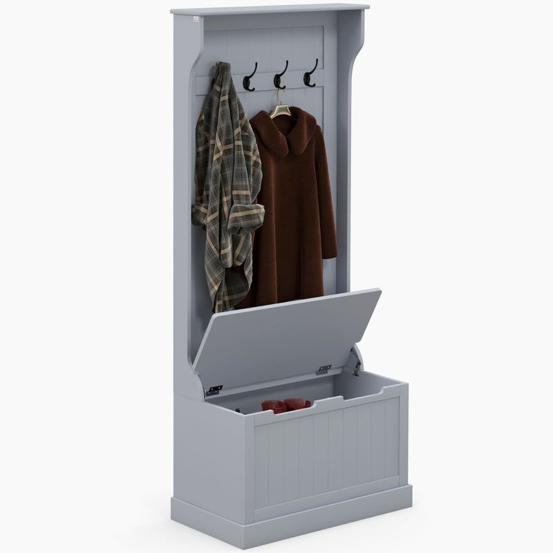 HOMCOM 3-In-1 Entryway Hall Tree with Storage Bench, Coat Rack with Four Hooks, and Shoe Storage, Gray