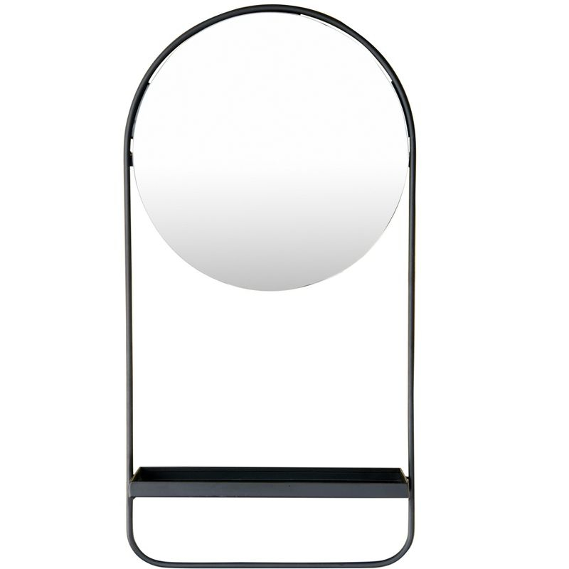 Storied Home Round Floating Metal Framed Wall Mirror with Shelf, Black