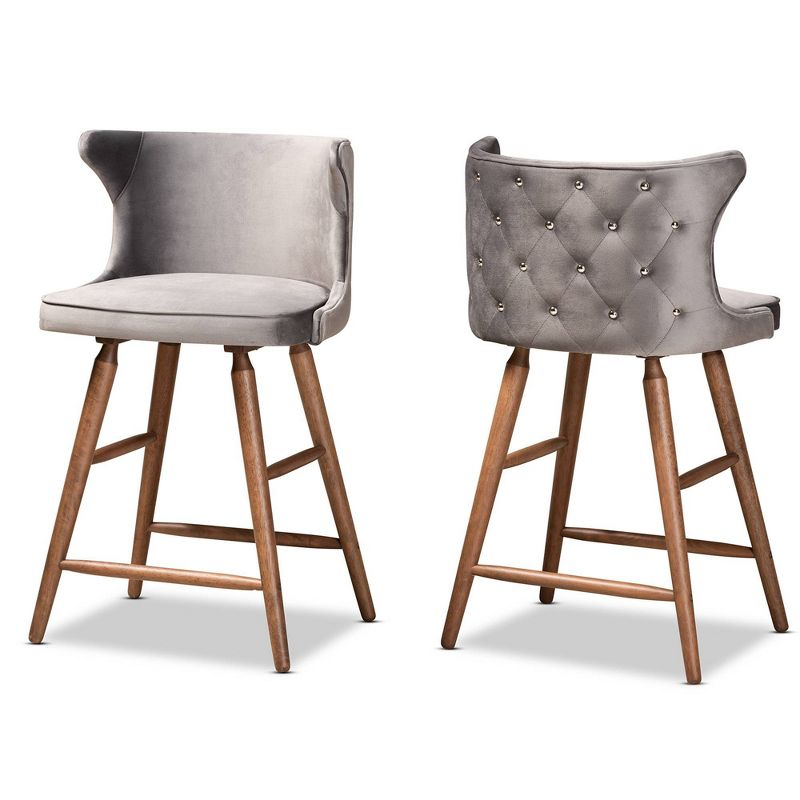 2pc Sagira Velvet & Wood Counter Height Barstool Set with Footrest - Baxton Studio