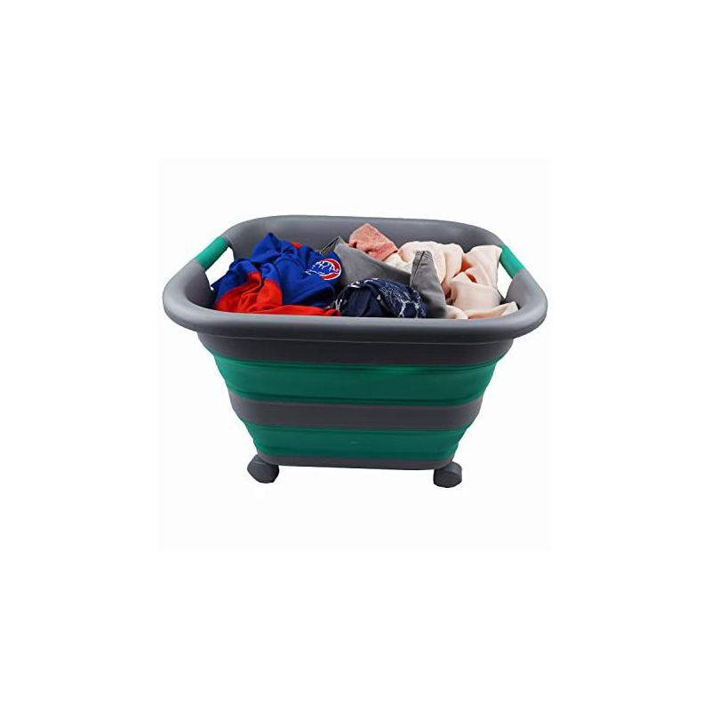 SAMMART 39L (10.3 Gallons)  Collapsible Plastic Laundry Basket with Wheels, Grey/Purplish Blue