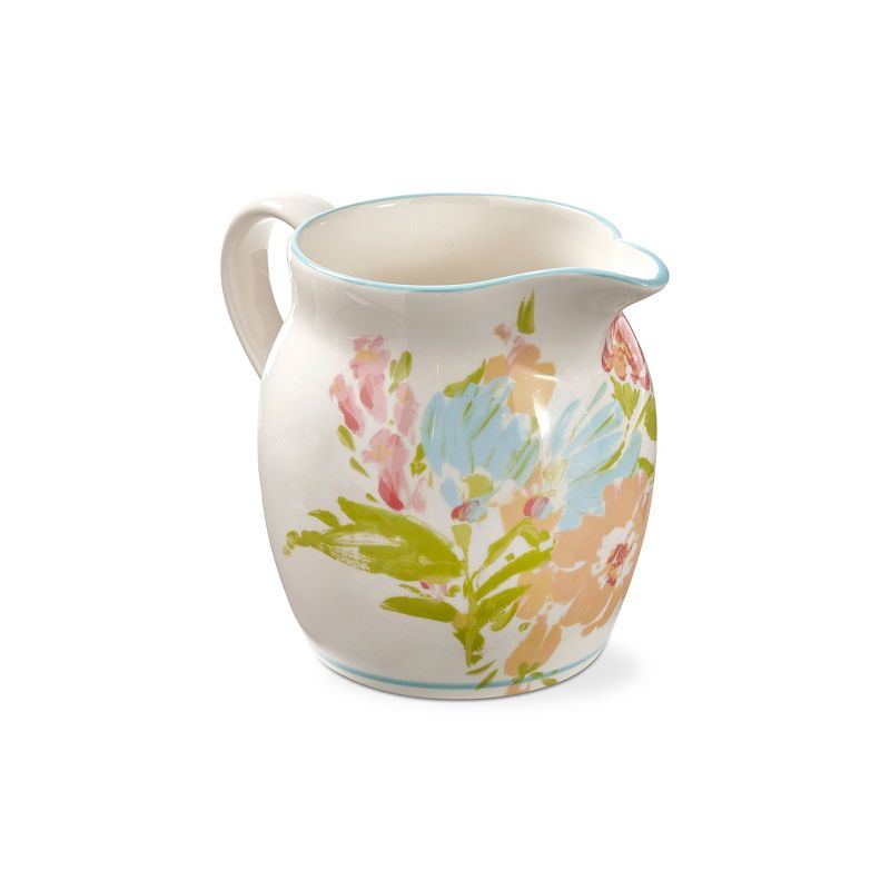 tagltd Bloom & Blossom Flower Large White Earthenware Water Beverage Pitcher, 80 oz