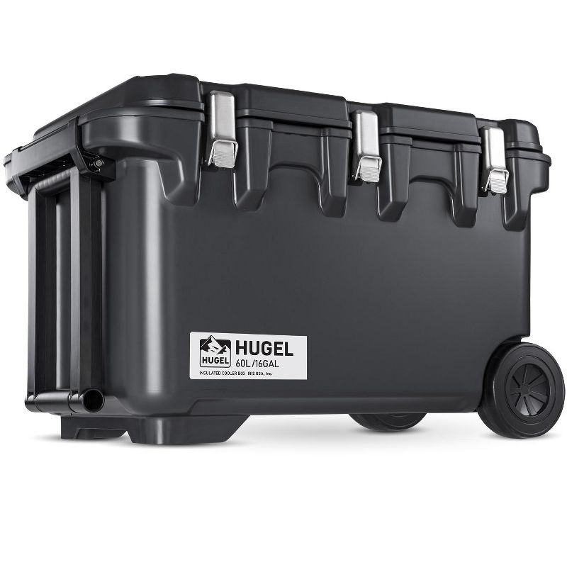 IRIS USA HUGEL 64 QT Cooler Box Insulated, Hard Cooler, Vacuum-Insulated Panels Durable Portable Ice Chest with Built-in Handle and Wheels, Black