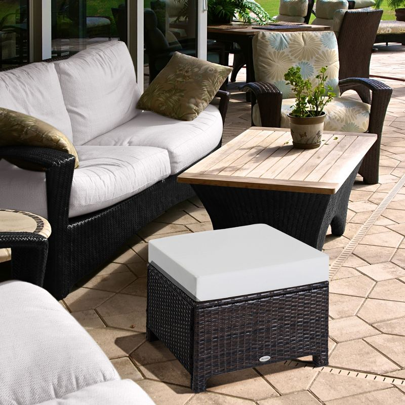 Outsunny 20" Outdoor Ottoman, PE Plastic Rattan Wicker, Fade-Resistant Patio Footrest with Soft Cushion, Steel Frame, Dark Brown, Cream White