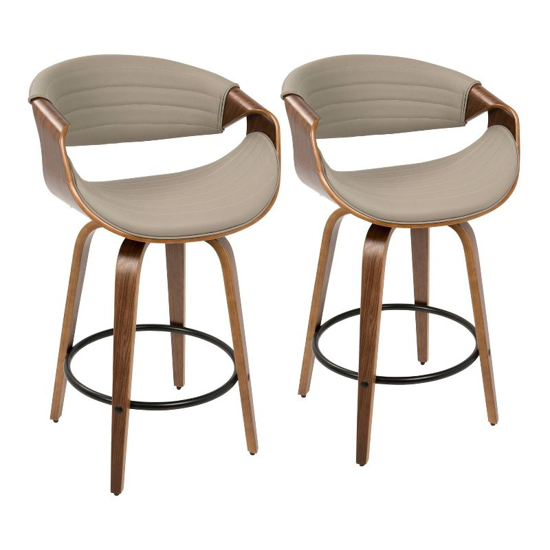 Set of 2 Symphony Upholstered Counter Height Barstools Gray/Walnut - LumiSource: Mid-Century, Faux Leather, Wood Legs