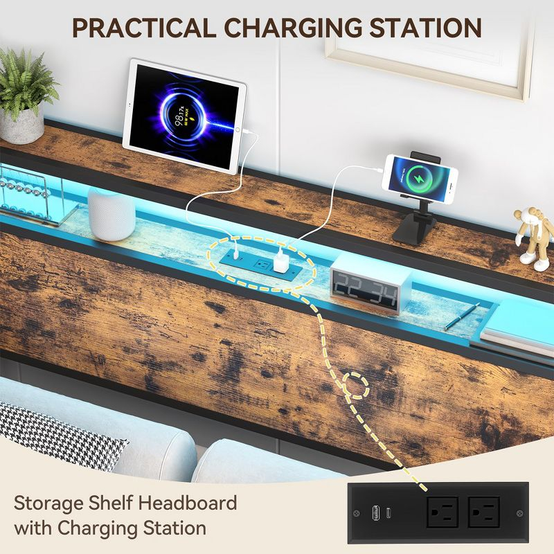 Full Size Headboard, Headboard with 2 Outlets, LED Lights and USB Ports, Adjustable Height, Storage Rack, Sturdy and Stable, Easy Assembly