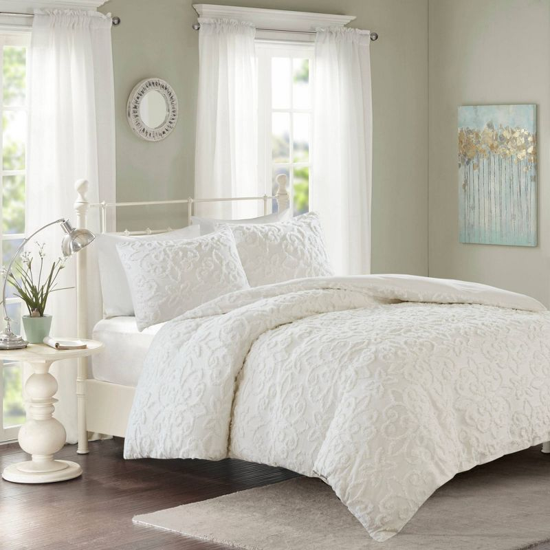 Amber King/California King 3pc Tufted Cotton Chenille Duvet Cover Set White: Madison Park, OEKO-TEX Certified, Shabby Chic Style