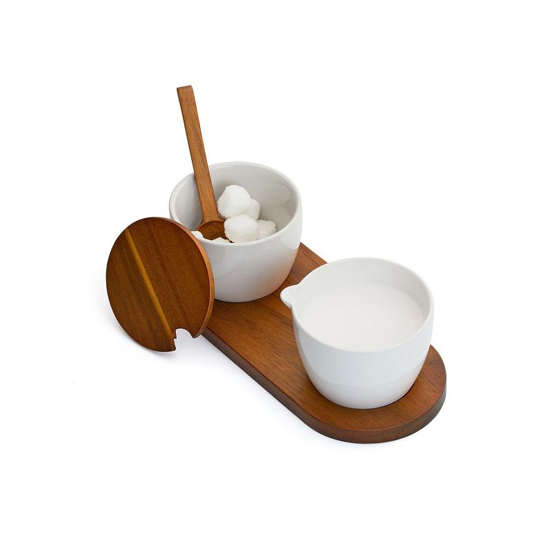 Nambé Duets Sugar & Creamer - White Porcelain & Acacia Wood Finish Set - 9.5" x 3.25" - with Lid & Spoon for Dining, Coffee & Tea Service
