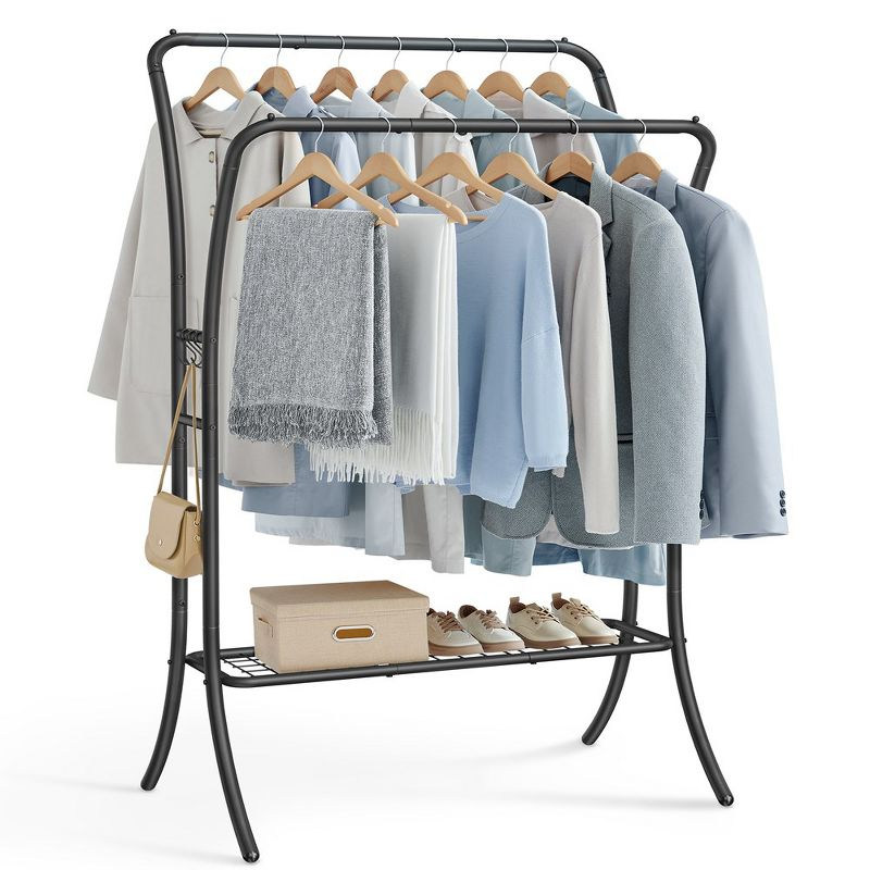 SONGMICS Clothes Rack Clothing Rack with Shelves Double Rod Clothes Rack with 6 Hooks Clothes Storage and Display for Living Room Bedroom Ink Black