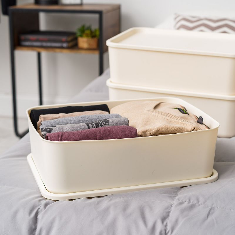 IRIS USA Plastic Modular Basket Bin & Lid, Medium, 4-Pack, Stackable Lidded Storage Organizer Bins for-Kitchen-Bathroom and Bedroom, OFF White