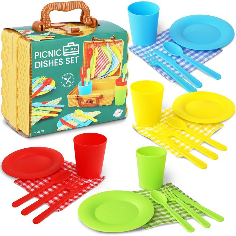 Playkidiz 25 Piece Kids Picnic Basket Toy Dishes