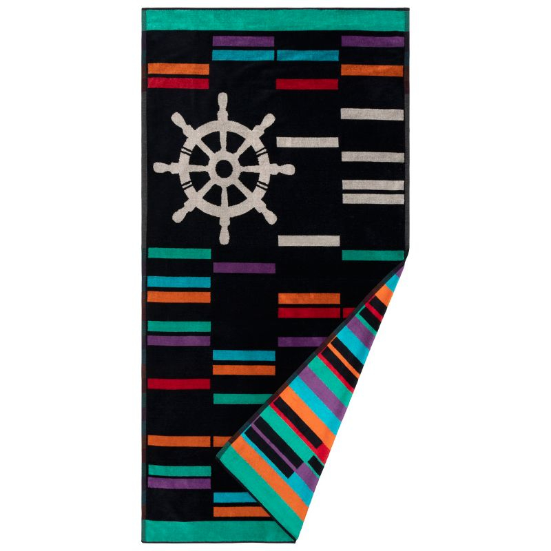 Nautical Wheel Oversized 35" x 67" Cotton Beach Towel, Midnight Blue - Blue Nile Mills