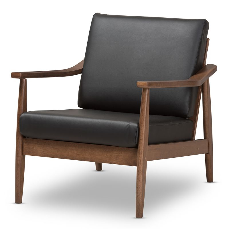 Venza Mid Century Modern Walnut Wood Faux Leather Lounge Chair Black - Baxton Studio: Indoor Armchair, Rubberwood Frame