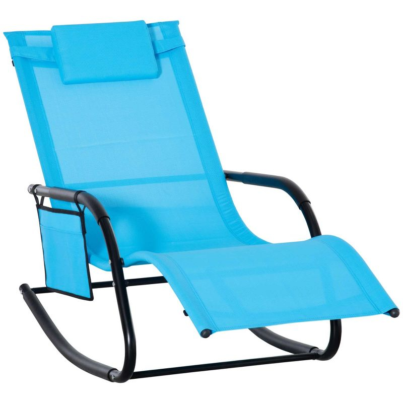 Outsunny Outdoor Rocking Chair, Patio Sling Sun Lounger, Pocket, Recliner Rocker, Lounge Chair with Detachable Pillow for Deck, Garden or Pool, Blue