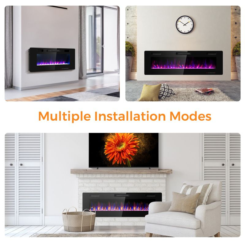 Tangkula 60" Recessed Electric Fireplace 750W/1500W heater in Wall Remote Control w/Timer Available Flame Color