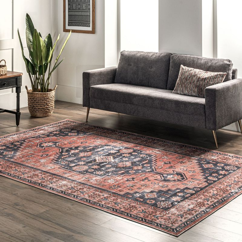 Nuloom Medallion 6x9 Machine Washable Indoor Area Rug for Living Room Bedroom Dining Room Kitchen, Brick/Dark Grey