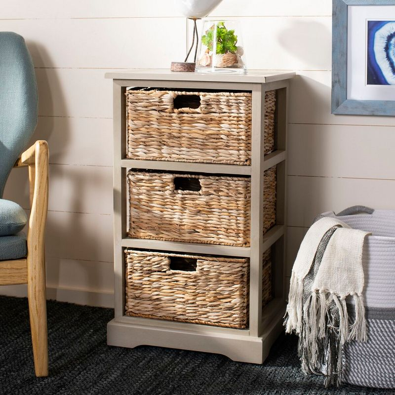 Halle 3 Wicker Basket Storage Side Table - Vintage Grey - Safavieh.