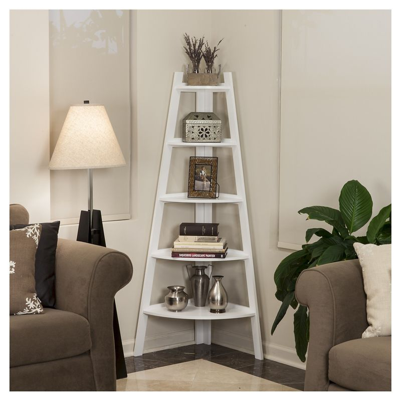 63" x 26.5" Five-Tier Pyramid Corner Ladder Shelf White - Danya B.: Modern Display, MDF Wood, Open Shelves