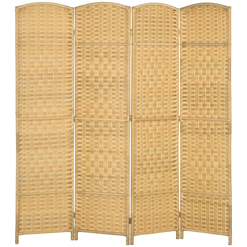 HOMCOM 4 Panel Room Divider, 6' Tall Folding Privacy Screen, Hand-Woven Freestanding Wood Partition for Home Office, Bedroom, Nature Wood