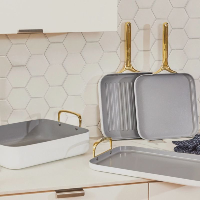 Caraway Home 7pc Square Cookware Set Perracotta: Nonstick Ceramic, Griddle Pans, Roasting Pan, Pot Lid Organizer
