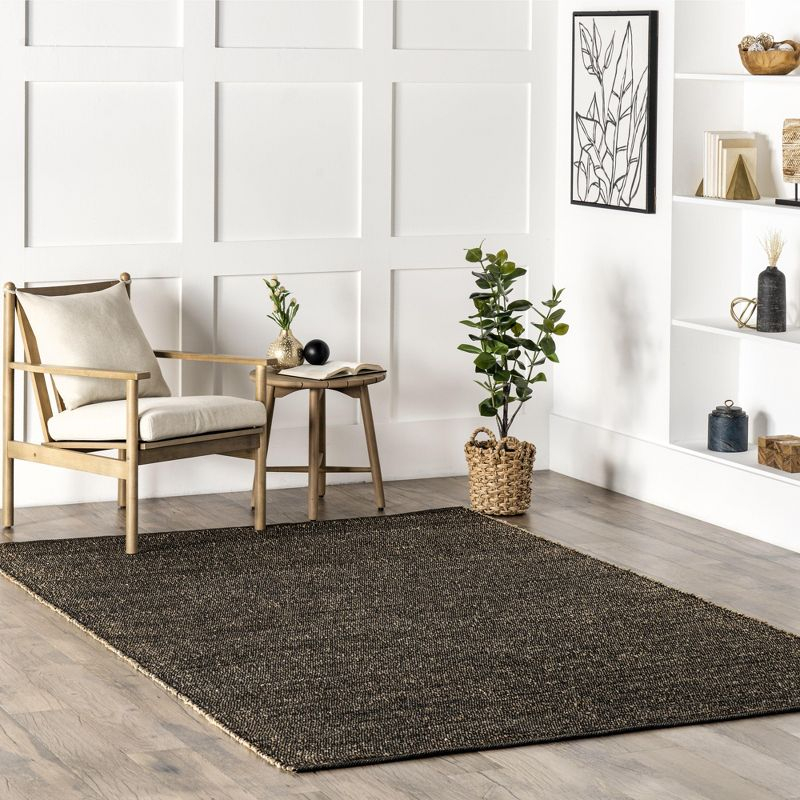 Nuloom 6x9 Elfriede Jute & Cotton Hand Woven Indoor Area Rug, Charcoal, Solid Rustic Farmhouse Style Natural Fiber Bedroom, Living Room,