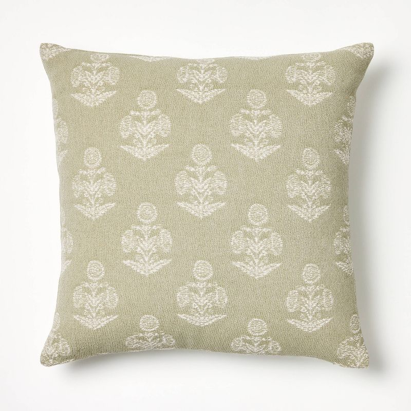 Woven Block Print Square Throw Pillow Light Sage/Cream - Threshold™ designed with Studio McGee: Cotton Jacquard, Indoor Use, Zippered