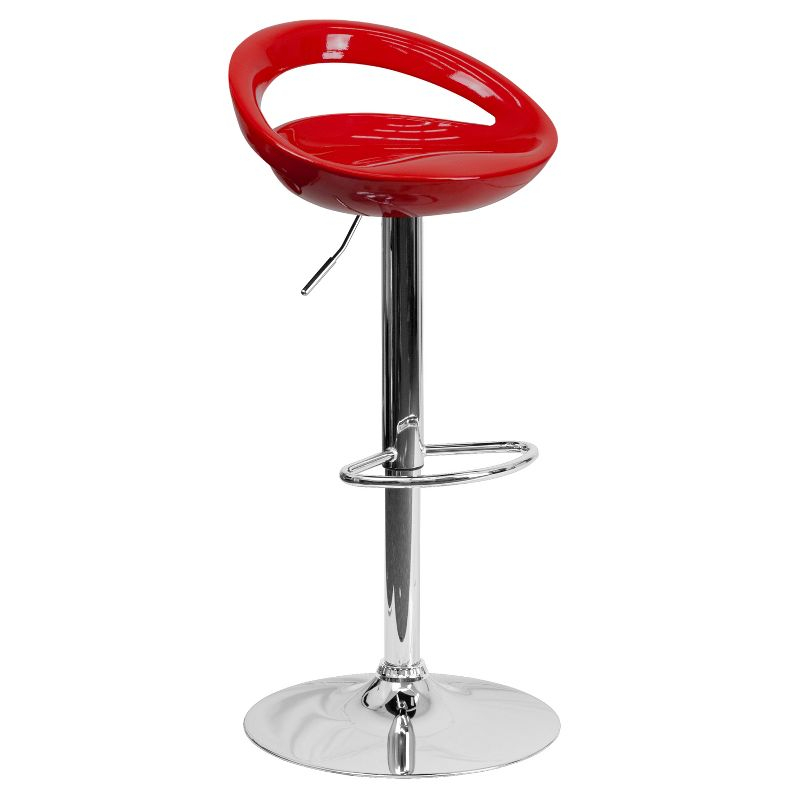 Flash Furniture Contemporary Red Plastic Adjustable Height Barstool with Rounded Cutout Back and Chrome Base