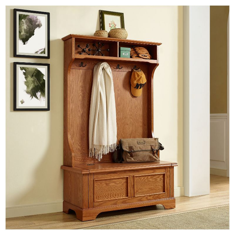 Campbell Hall Tree Oak - Crosley: Spacious Bench, 4 Double Hooks, Shoe Storage
