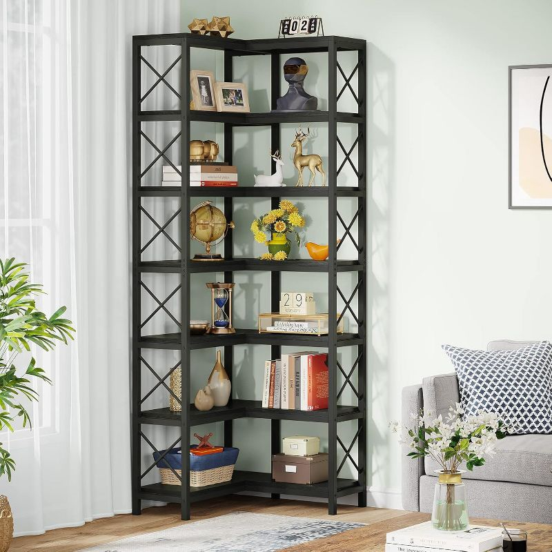 Tribesigns 7-Tier L-Shaped Bookshelf, Modern Corner Book Display Shelving Unit Black