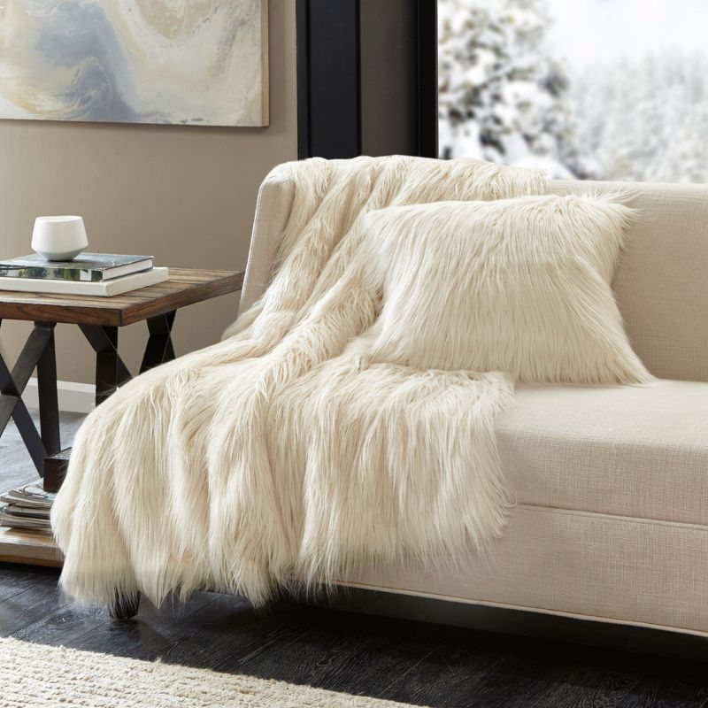 20"x20" Adelaide Faux Fur Square Throw Pillow Ivory - Madison Park: Luxury Soft Texture, Removable Cover