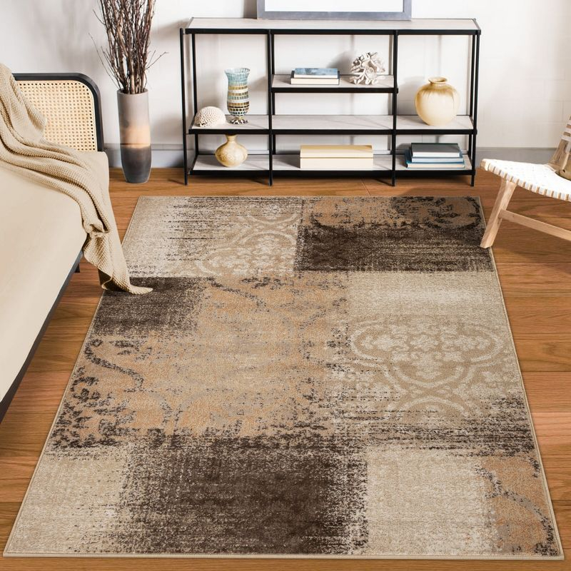 Distressed Abstract Damask Indoor Area Rug, 4'x6', Beige-Camel - Blue Nile Mills