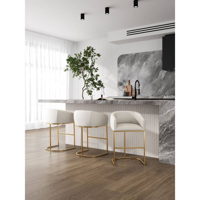 Manhattan Comfort Set of 3 Louvre Upholstered Stainless Steel Counter Height Barstools Cream: Faux Leather, Armrests, Footrest