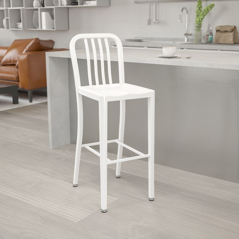 Flash Furniture Commercial Grade 30" High White Metal Indoor-Outdoor Barstool with Vertical Slat Back
