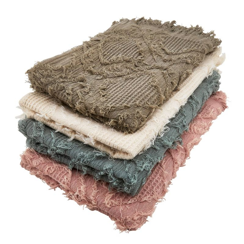 72" x 16" Cotton Waffle Weave Fringed Table Runner Blue: Geometric Abstract Rectangle - Saro Lifestyle