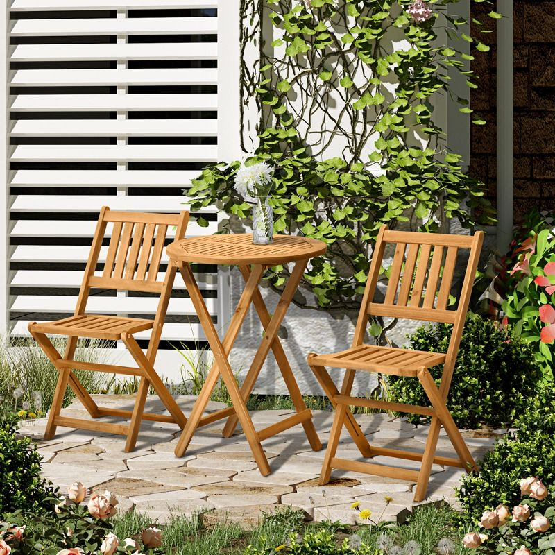 Outsunny Bistro Table and Chairs Set Of 2, Acacia Wood Patio Table, Wooden Folding Chairs, Varnished, 3 Piece Outdoor Furniture Set, Slatted, Teak