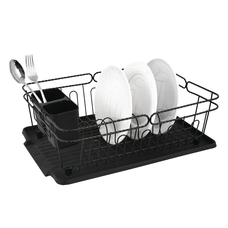 Trio Home Stainless Twist Design 3-Piece Dish Drying Drainer Rack, Removable Utensil Holder and Drainboard - Black/Black Twist