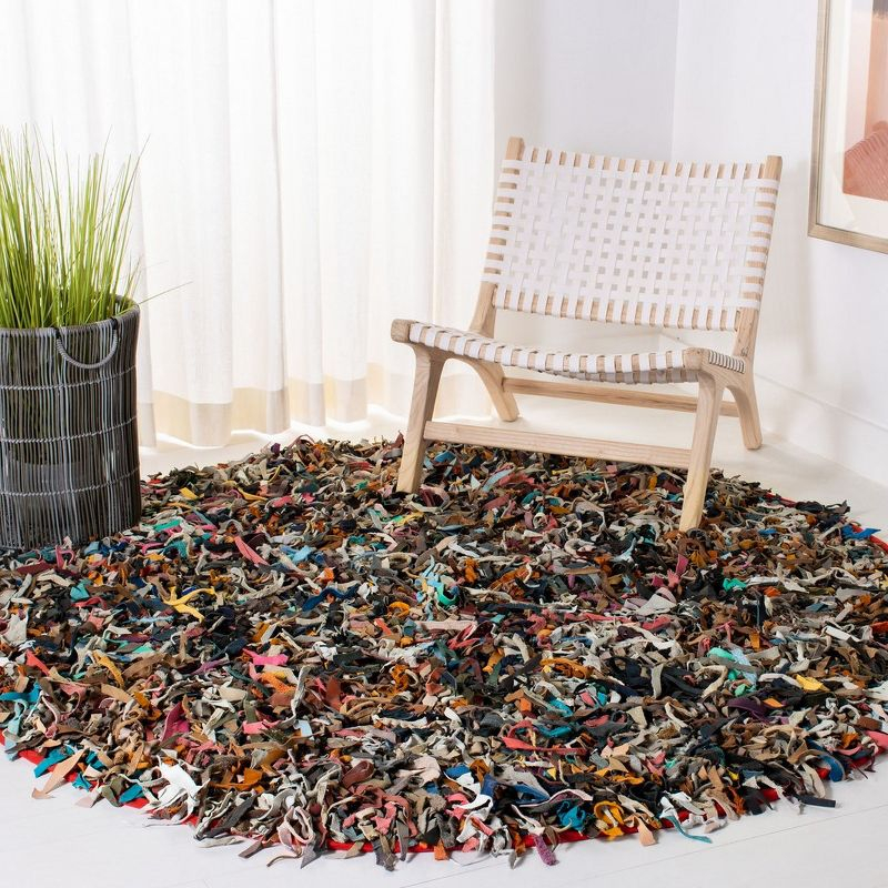 Leather Shag LSG511 Handwoven Area Rug - Multi - 6' Round - Safavieh