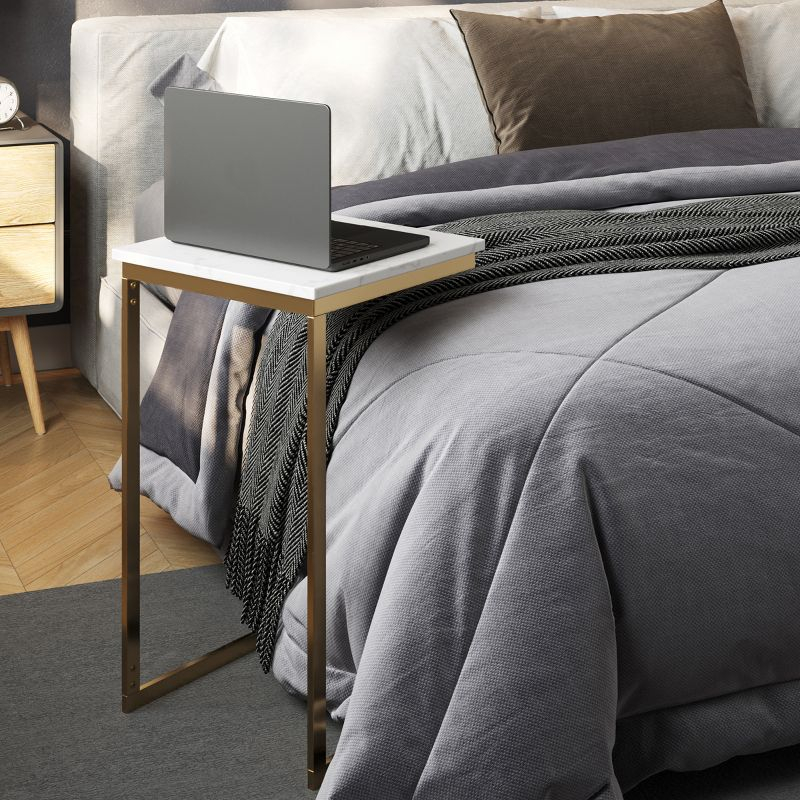 C-Shaped End Table - Real Marble Side Table with Gold Iron Frame for Couch, Loveseat, or Bed - Modern Living Room Furniture by Lavish Home (White)