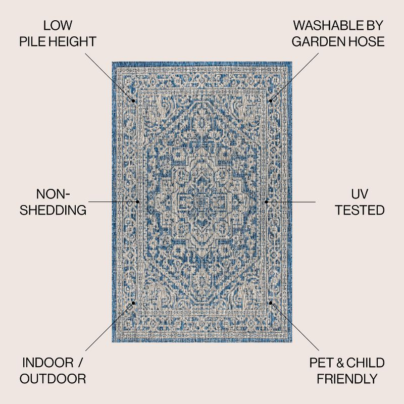 3'x5' Sinjuri Medallion Textured Weave Indoor/Outdoor Area Rug, Navy/Gray - JONATHAN Y