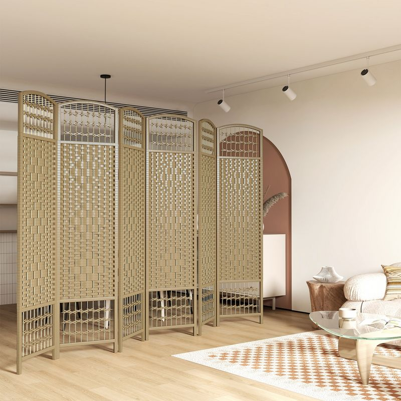 HOMCOM 6 Panel Room Divider, Folding Privacy Screen, 5.6' Room Separator, Wave Fiber Freestanding Partition Wall Divider, Natural