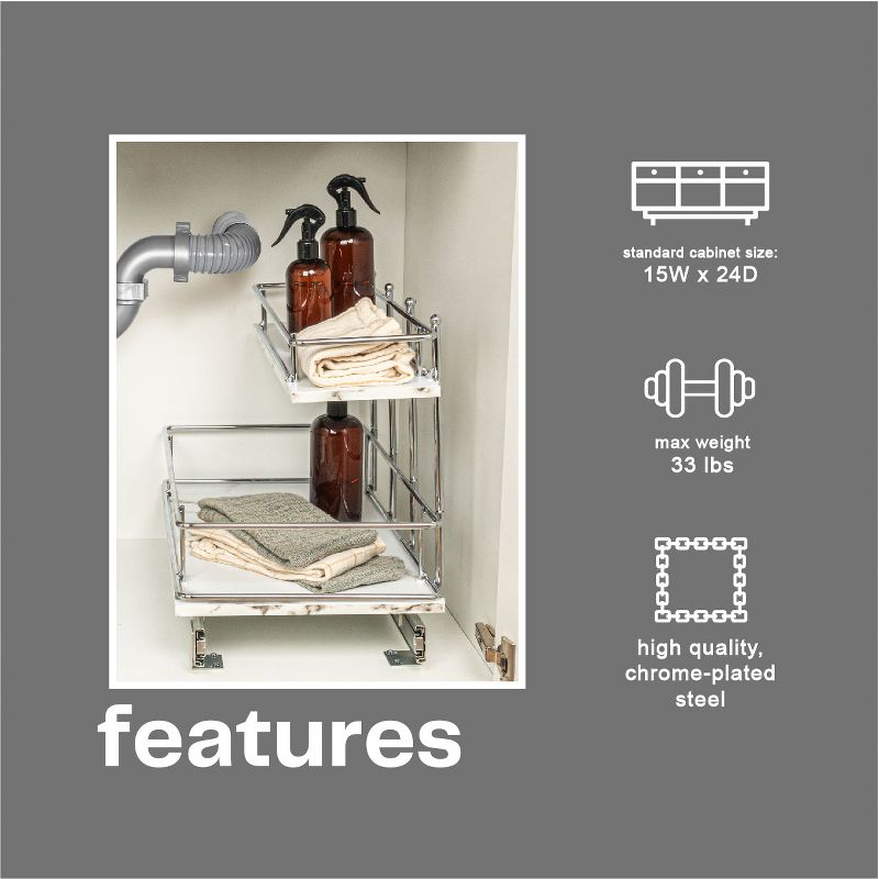 Glidez Chrome-Plated Steel and Faux Marble Pull-Out/Slide-Out Storage Organizer for Under Sink or Cabinet - 2-Tier Design - White and Chrome