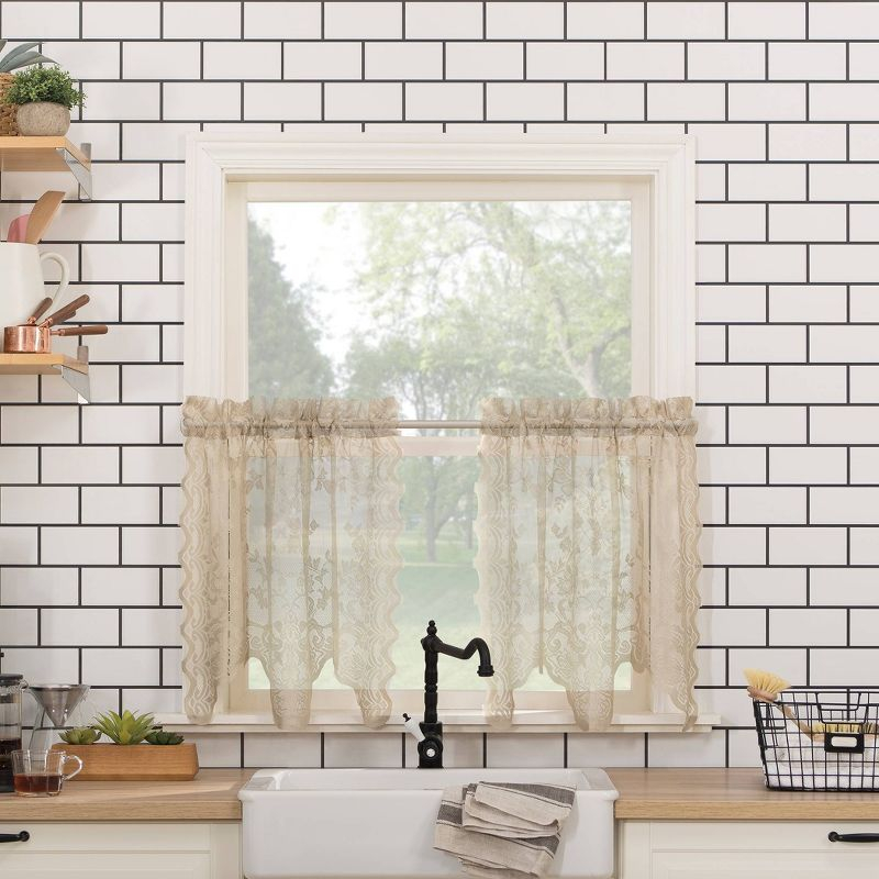 2pc 58"x24" No. 918 Sheer Alison Floral Lace Rod Pocket Kitchen Curtain Tier Pair Beige: Kitchen Window Curtains