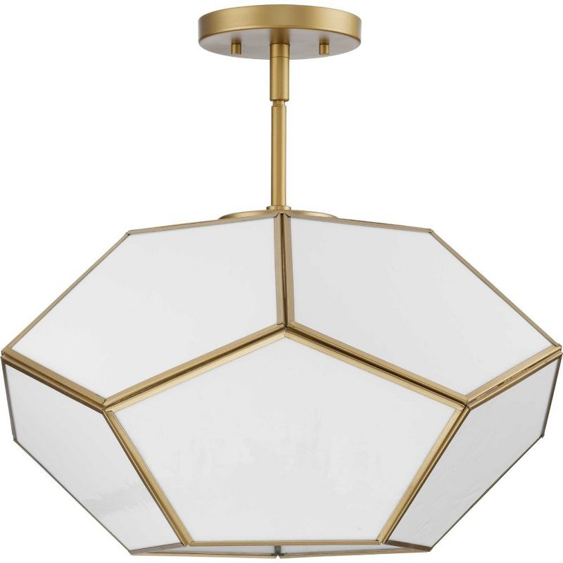 Progress Lighting Latham 3-Light Semi-Flush Mount, Vintage Gold, White Art Glass. Geometric framework with handmade glass.