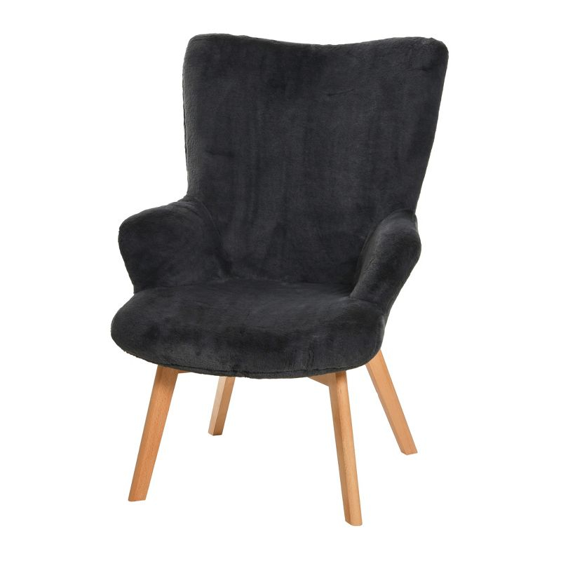 Storied Home Napster Fuzzy Plush Upholstery Wingback Arm Chair with Solid Wood Legs, Dark Grey and Natural