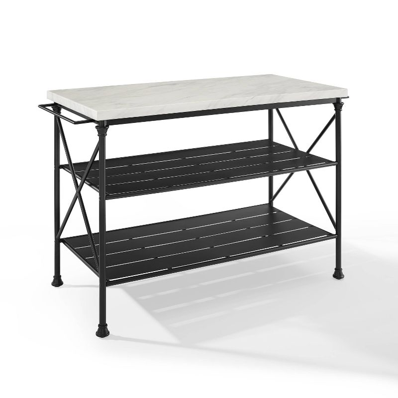 Crosley Madeleine Kitchen Island Matte Black: French Industrial Style, Steel Base, Open Storage Shelves, Towel Bars