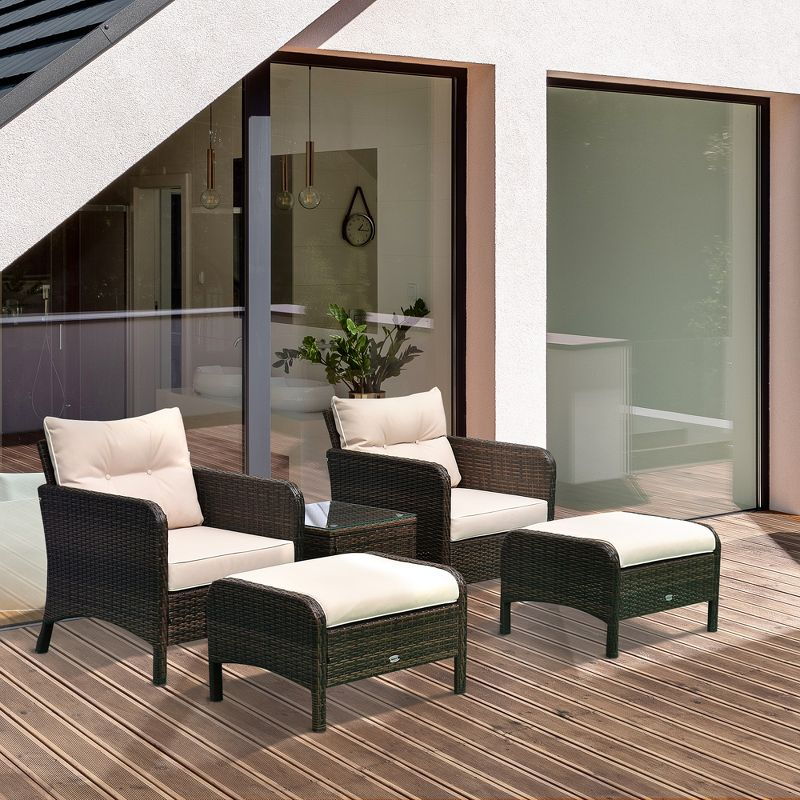 Outsunny 5 Piece Rattan Wicker Lounge Chair, Outdoor Patio Conversation Set with 2 Cushioned Chairs, 2 Ottomans & Top Coffee Table, Brown